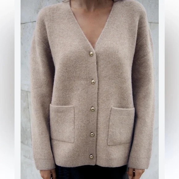 ZARA GOLD BUTTON CHUNKY KNIT CARDIGAN SWEATER TAN L - Picture 3 of 7